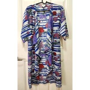 LulaRoe Long Striped Kimono with Floral Accents Sheer Womens Size Small